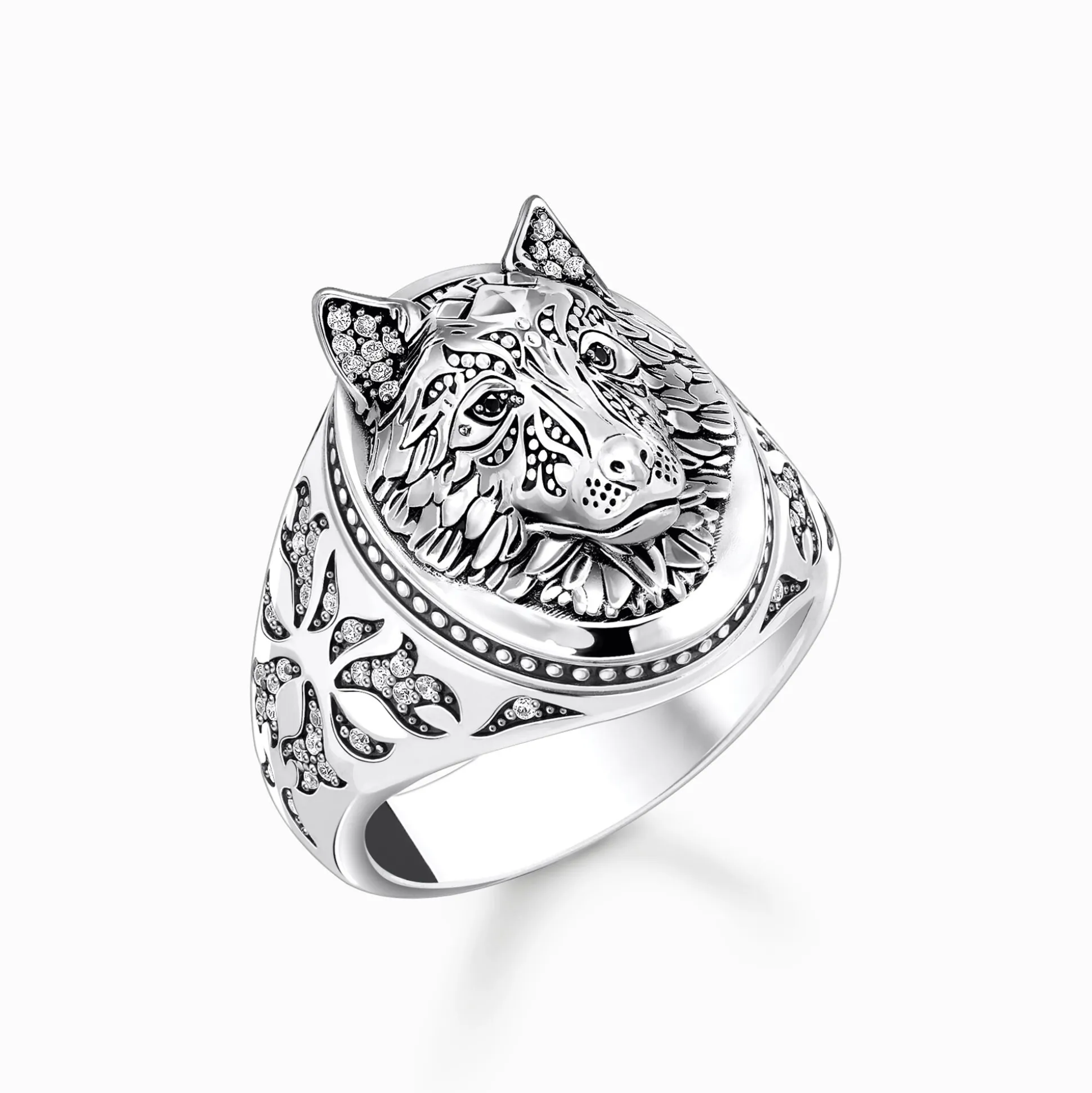 Store Siegelring Wolf mit Steinen Silber geschwärzt Damen Ringe|Ringe