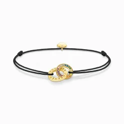 Outlet Textilarmband schwarz mit zwei Ringen bunten Steinen vergoldet Damen Armbänder